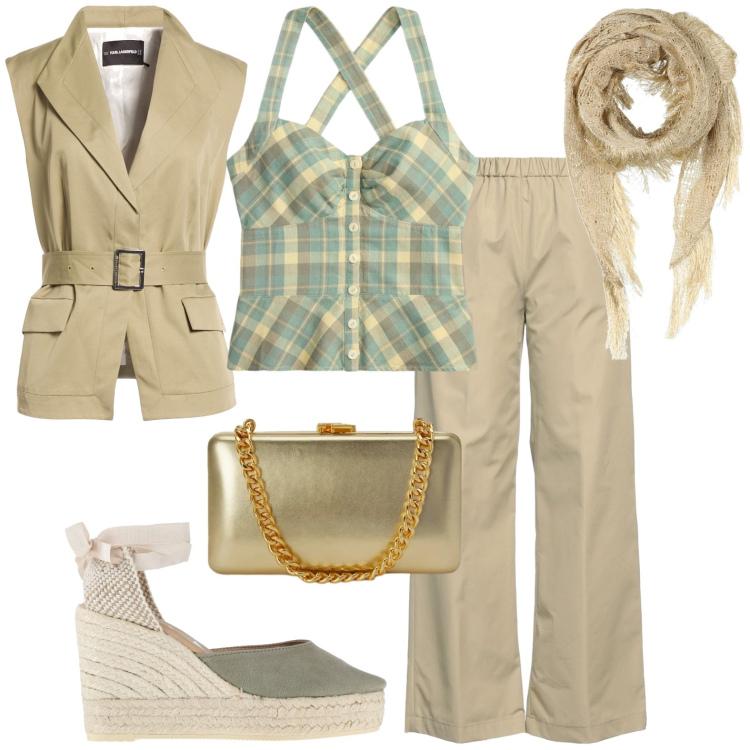 Outfit donna - Sportiva chic. Stile Casual chic per Tutti i giorni. Abbinamento con pantaloni, cinture, stole, espadrillas, clutch, top.
