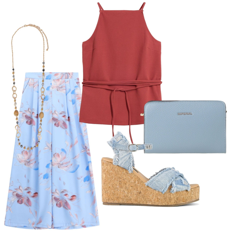 Outfit donna - Total look #2431434. Stile Glamour per Ufficio. Abbinamento con top, collane, pantaloni a palazzo, borse a tracolla, zeppe.
