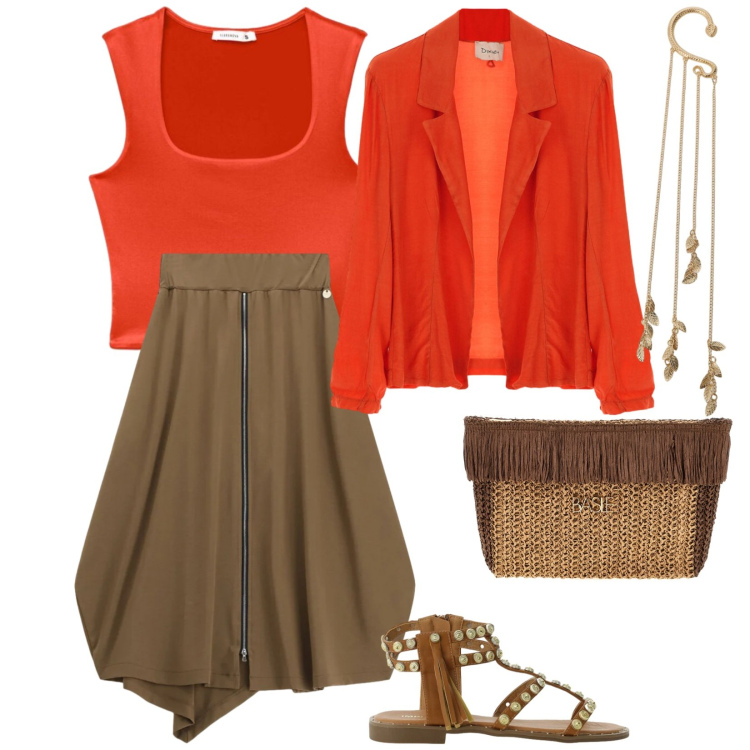 Outfit donna - Ufficio luglio. per Ufficio. Abbinamento con top, orecchini, blazer, gonne longuette, sandali, pochette.