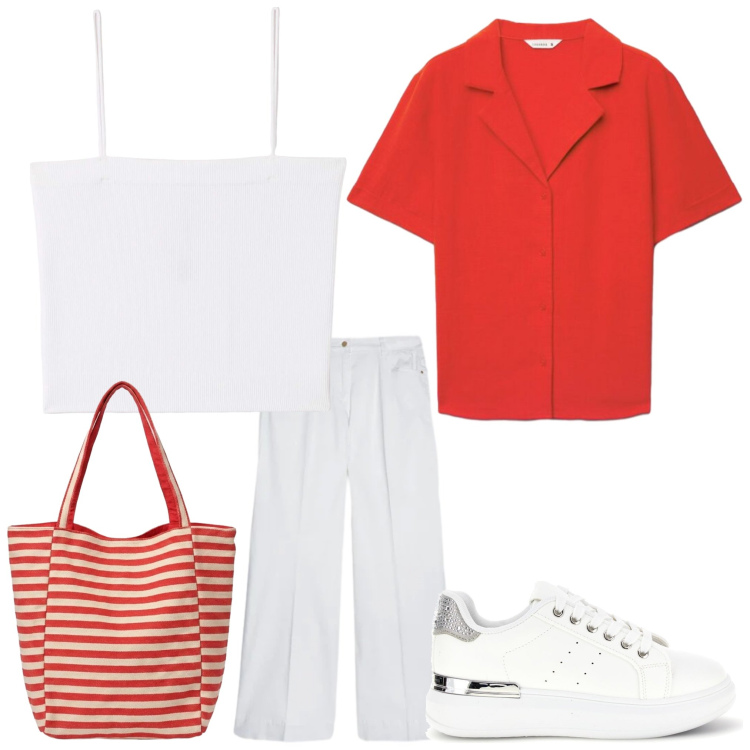 Outfit donna - Tutti i giorni. Stile Casual per Tutti i giorni. Abbinamento con camicie a manica corta, canottiere, borse tote, pantaloni, sneakers.