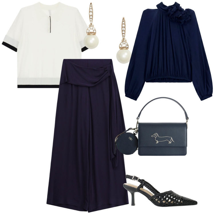 Outfit donna - Dalla mattina poi di sera. per Tutti i giorni. Abbinamento con borse a tracolla, pantaloni a palazzo, polo, bluse, décolleté, orecchini.