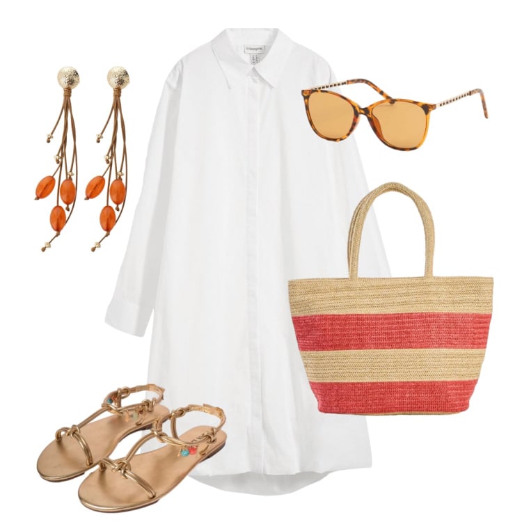 Outfit donna - Borsa in primo piano. Stile Casual per Tutti i giorni. Abbinamento con vestiti chemisier, shopping bag, orecchini, sandali in pelle, occhiali da sole.