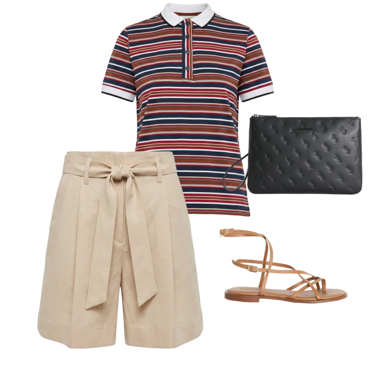 Outfit donna - Casual chic. per Tutti i giorni. Abbinamento con sandali in pelle, anelli, polo, bermuda.