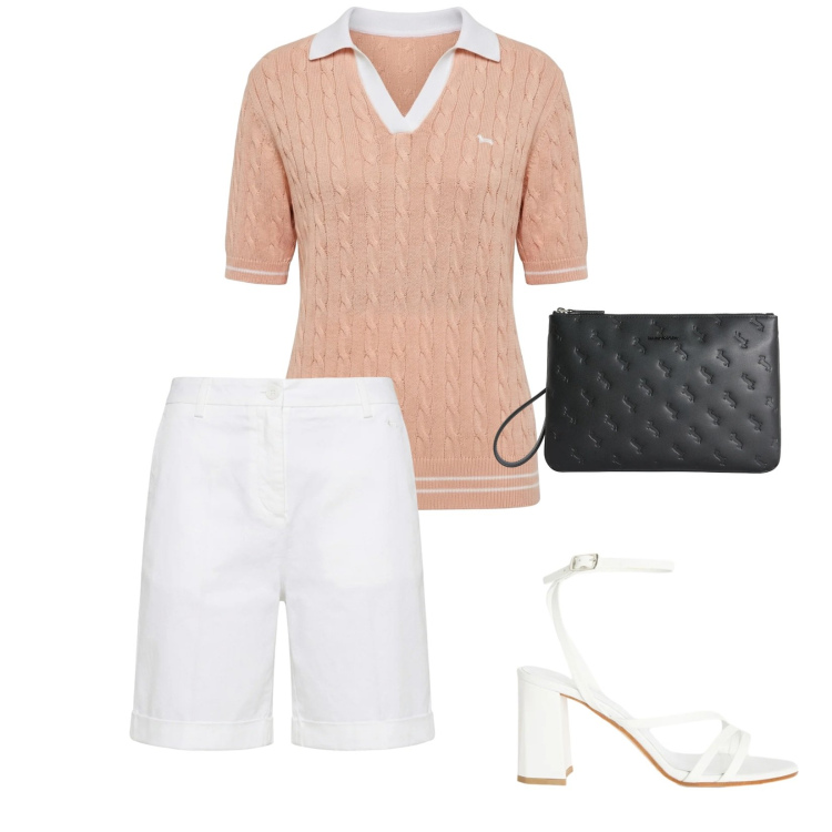 Outfit donna - Chic Summer. per Ufficio. Abbinamento con sandali in pelle, anelli, polo, bermuda.