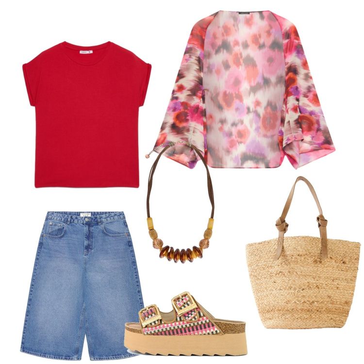 Outfit donna - Pomeriggio alle terme. Abbinamento con shopping bag, t-shirt, pantaloni corti, blazer, collane, sandali.