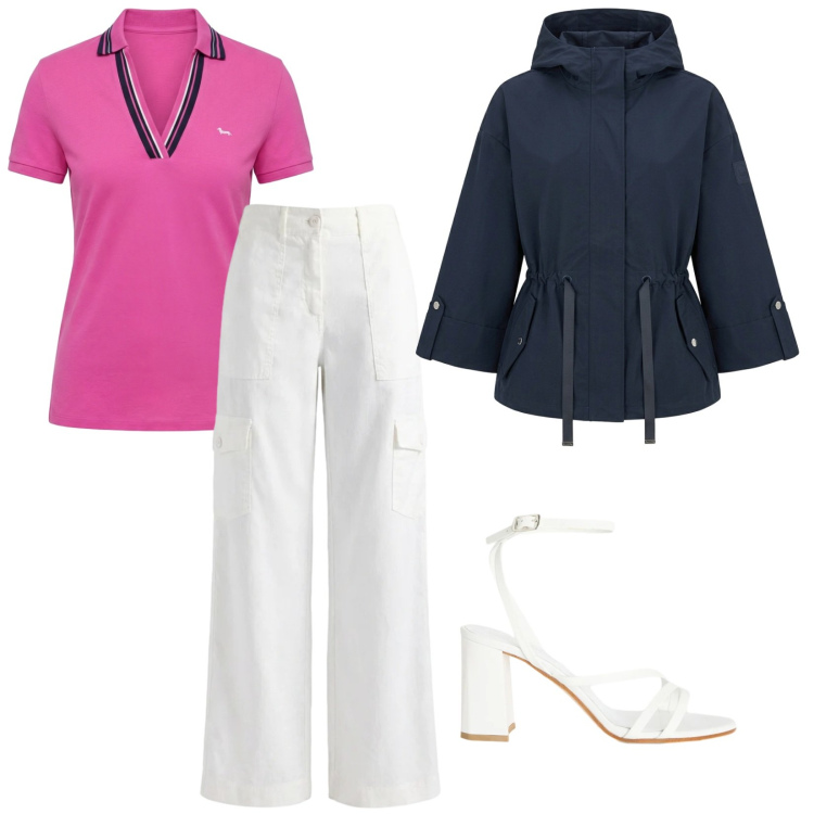 Outfit donna - In banchina. per Mare. Abbinamento con caban, pantaloni cargo, polo, sandali in pelle.