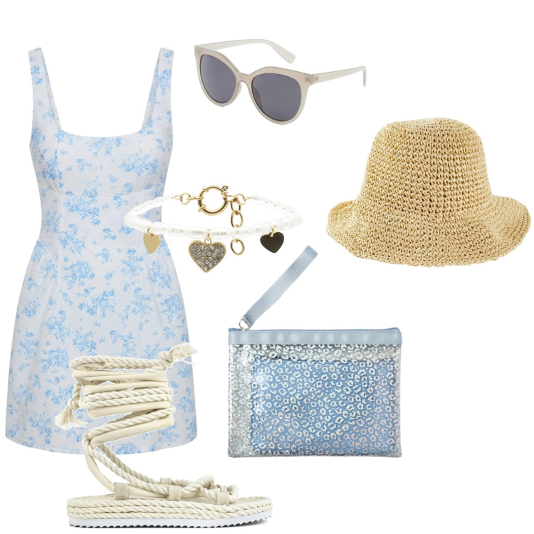 Outfit donna - Total look #2431460. Stile Glamour per Mare. Abbinamento con cappelli, occhiali da sole, vestiti corti, pochette, braccialetti, sandali.