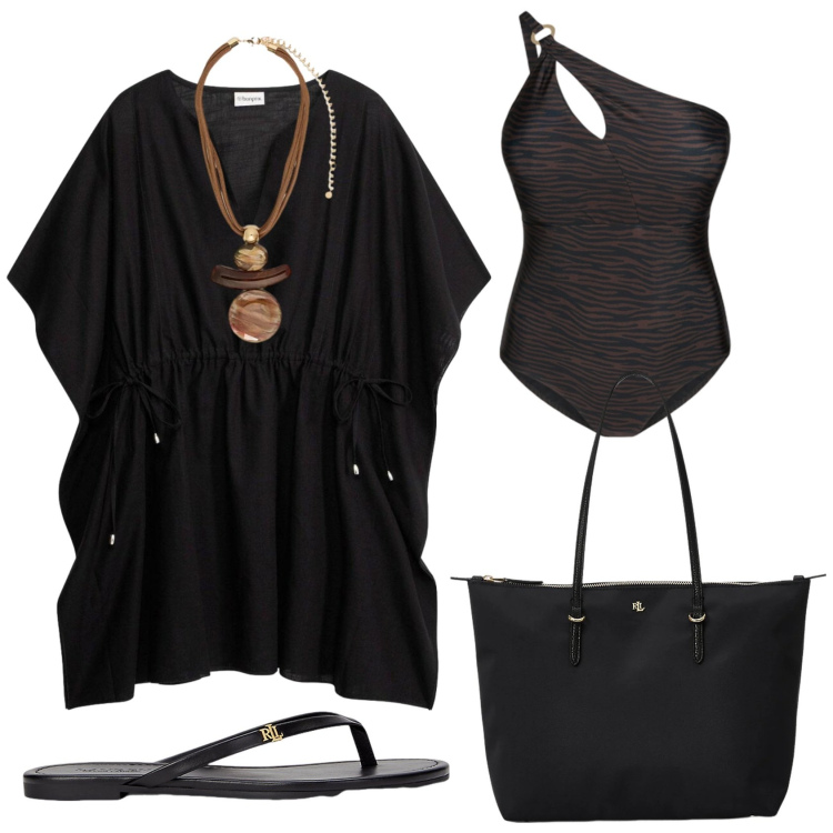 Outfit donna - Total look #2431463. Stile Glamour per Mare. Abbinamento con vestiti da spiaggia, costumi interi, ciondoli, borse tote, ciabatte.