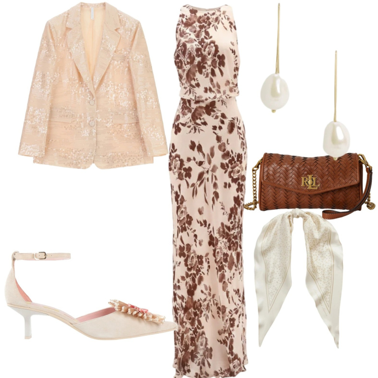 Outfit donna - Chic. Stile Chic per Cerimonia. Abbinamento con décolleté, vestiti lunghi, blazer, portafogli, foulard, orecchini.