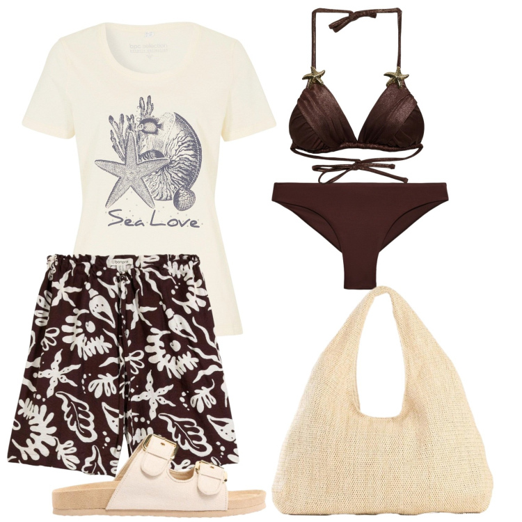 Outfit donna - Total look #2431469. Stile Casual per Mare. Abbinamento con bermuda, t-shirt, shopping bag, ciabatte, bikini, bikini.