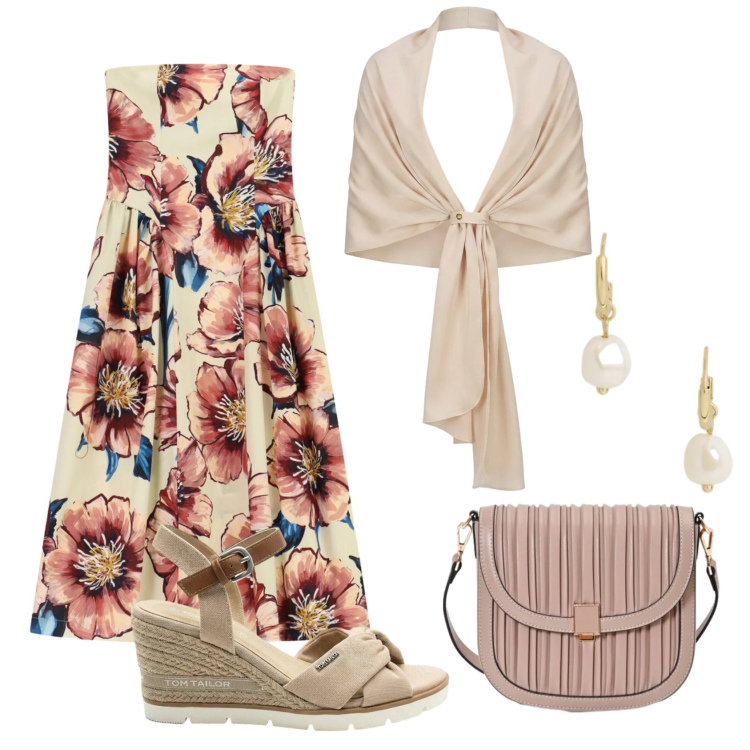 Outfit donna - Total look #2431475. Stile Glamour per Serata fuori. Abbinamento con sandali col tacco, stole, borse a tracolla, vestiti midi/longuette, orecchini.