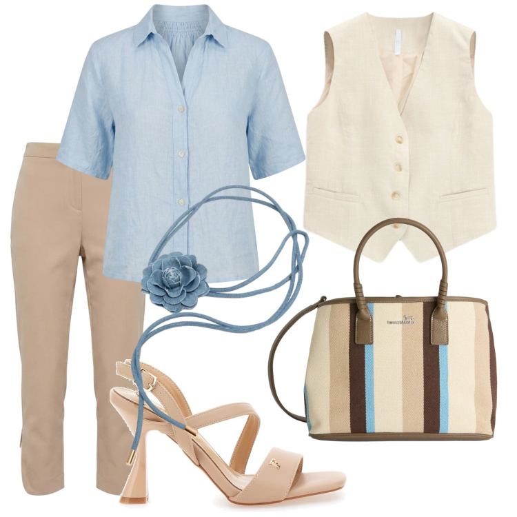 Outfit donna - Sfida serale conto la brezza marina. Stile Casual chic per Serata fuori. Abbinamento con pantaloni, shopping bag, gilet, cinture, camicie a manica corta, sandali col tacco.