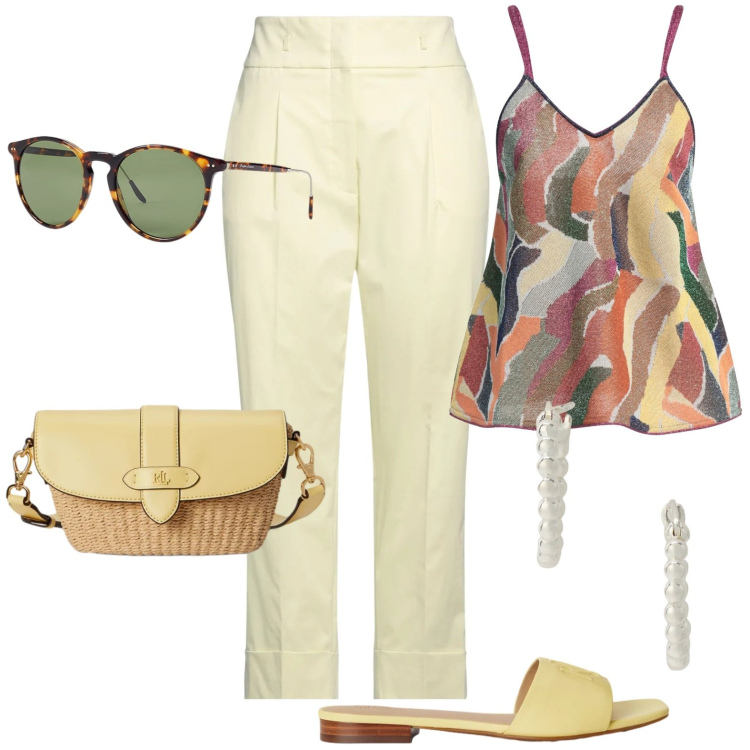 Outfit donna - Total look #2431479. Stile Casual per Tutti i giorni. Abbinamento con top, pantaloni, occhiali da sole, orecchini, ciabatte, borse a tracolla.