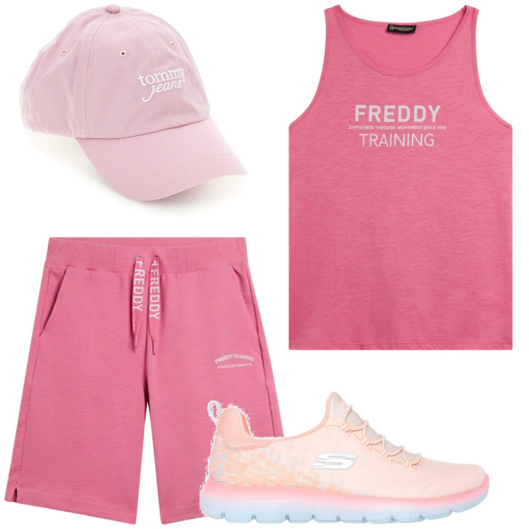 Outfit donna - Tempo libero con Freddy. Stile Sporty chic per Tutti i giorni. Abbinamento con pantaloni corti, canottiere, sneakers, cappelli con visiera.