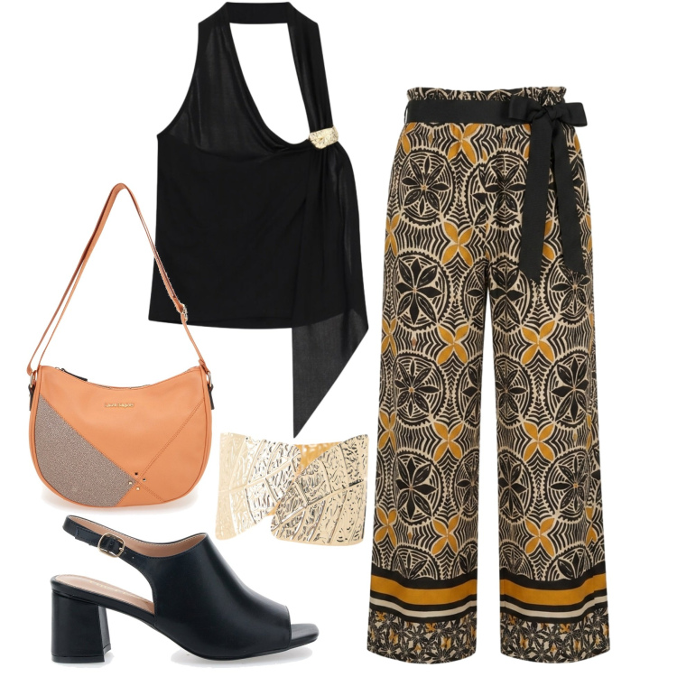 Outfit donna - Borsa dal design chic. Stile Casual chic per Serata fuori. Abbinamento con top, braccialetti, pantaloni, sandali col tacco, borse a tracolla.