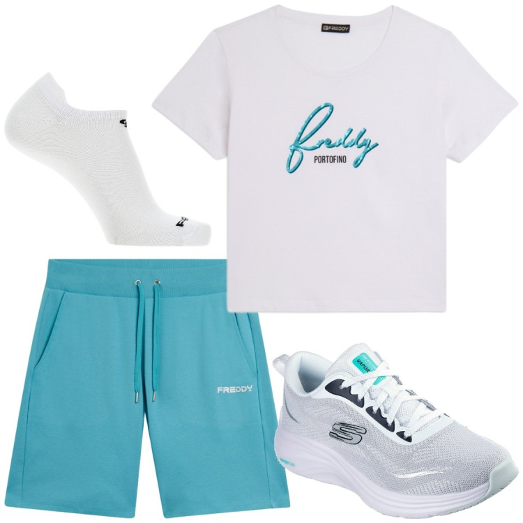 Outfit donna - Fitwalking con Freddy. Stile Sporty chic per Sport. Abbinamento con shorts, t-shirt, calzini, sneakers.