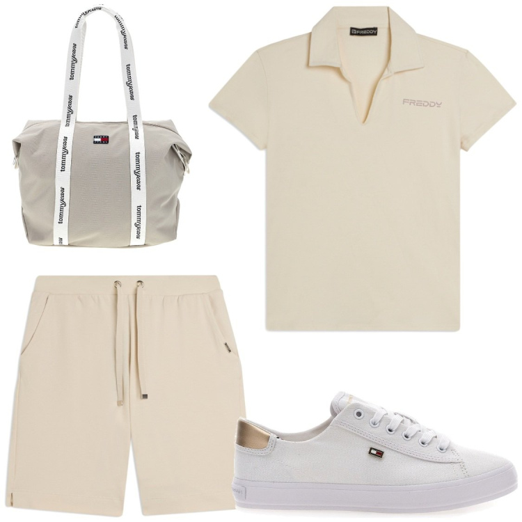Outfit donna - Coach. Stile Sporty chic per Tutti i giorni. Abbinamento con t-shirt, bermuda, sneakers, shopping bag.