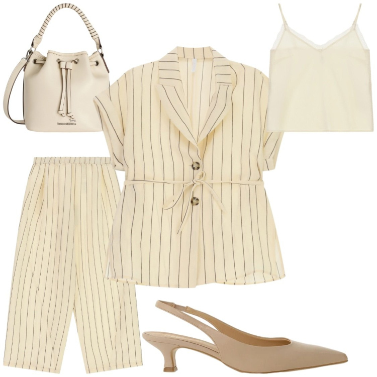 Outfit donna - Per ufficio scelgo Imperial. Stile Chic per Ufficio. Abbinamento con blazer, canottiere, pantaloni a palazzo, décolleté, borse a secchiello.