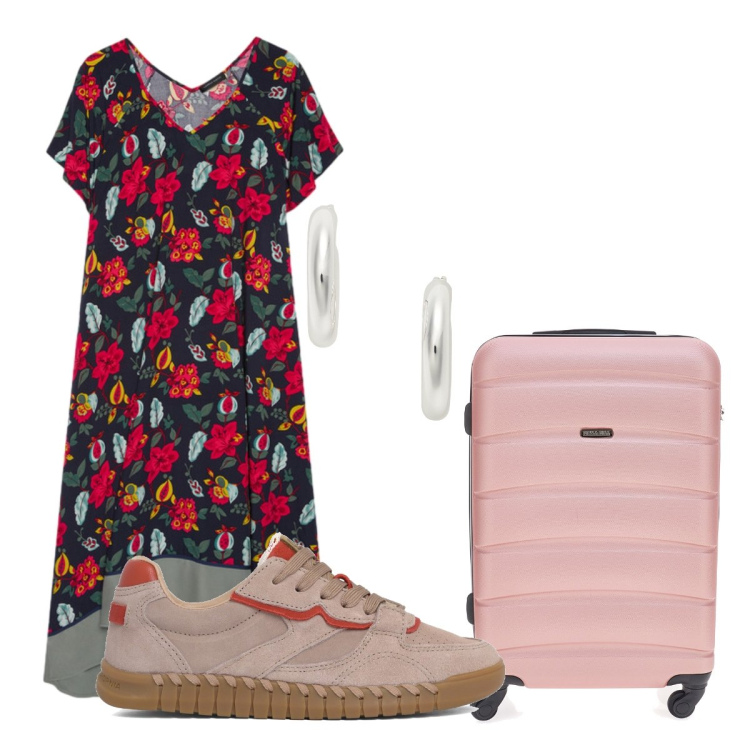 Outfit donna - Partenza con le sneakers. Stile Casual chic per Tutti i giorni. Abbinamento con vestiti midi/longuette, orecchini, sneakers, valigie.