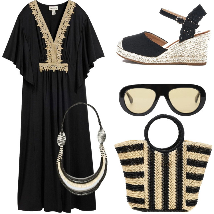 Outfit donna - Pronti!!!!. Stile Casual chic per Tutti i giorni. Abbinamento con vestiti midi/longuette, occhiali da sole, collane, borse a mano, zeppe.