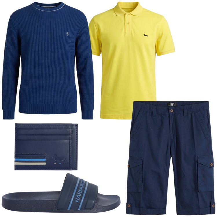 Outfit uomo - Weekend vista mare. Stile Trendy per Mare. Abbinamento con bermuda, sandali, portafogli, polo, maglieria.