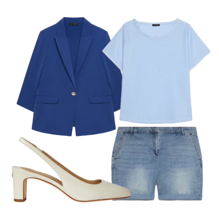 Outfit donna - Giacca + shorts. Stile Preppy per Serata fuori. Abbinamento con blazer, shorts, t-shirt, décolleté.