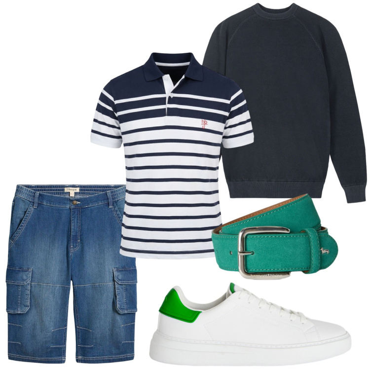 Outfit uomo - Righe d’estate. Stile Casual per Mare. Abbinamento con bermuda, polo, sneakers, cinture, maglieria.