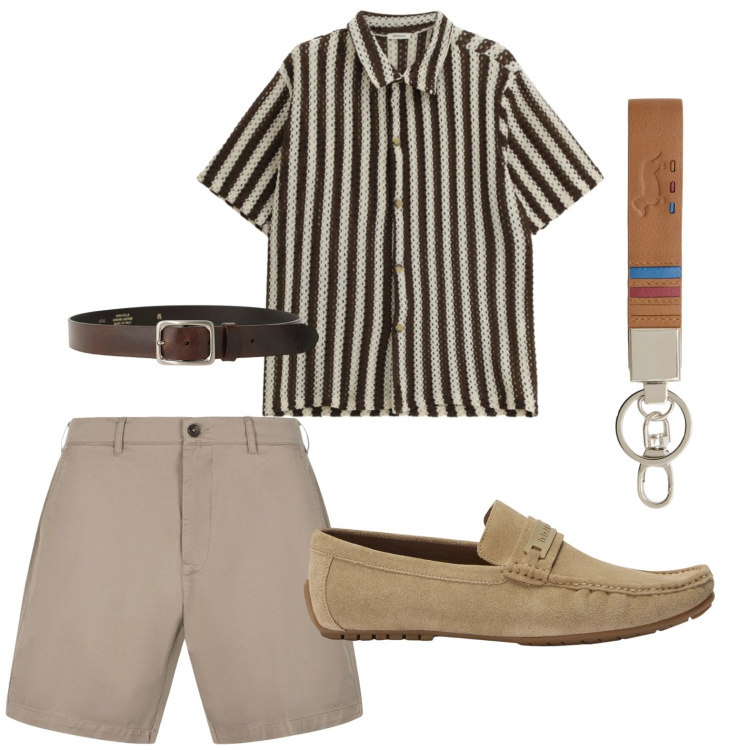 Outfit uomo - Righe d’estate. Stile Urban per Tutti i giorni. Abbinamento con portachiavi, scarpe stringate, bermuda, camicie a manica corta, cinture.