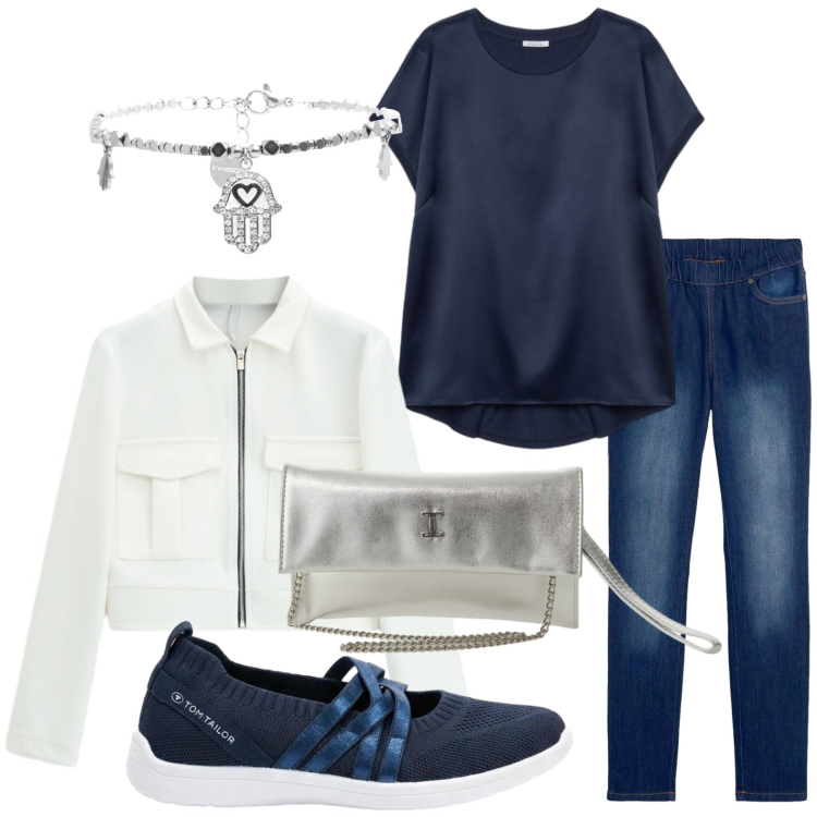 Outfit donna - Look semplice. Stile Casual per Tutti i giorni. Abbinamento con treggings, sneakers, braccialetti, bluse, cappotti, borse a tracolla.