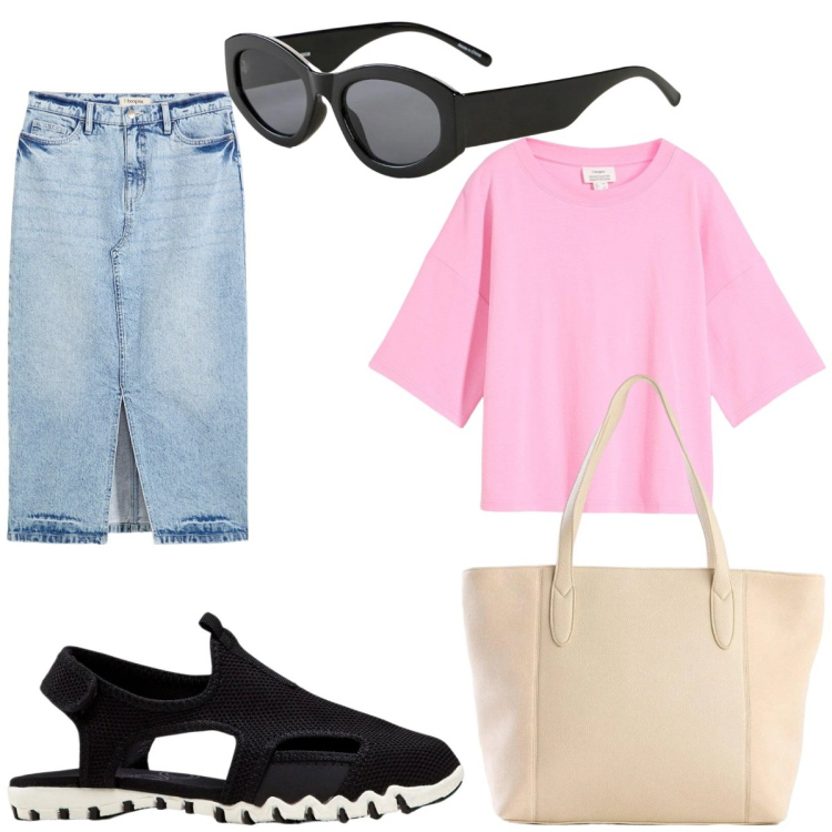 Outfit donna - Bonprix. Stile Urban per Tutti i giorni. Abbinamento con gonne longuette, t-shirt, sandali, occhiali da sole, shopping bag.
