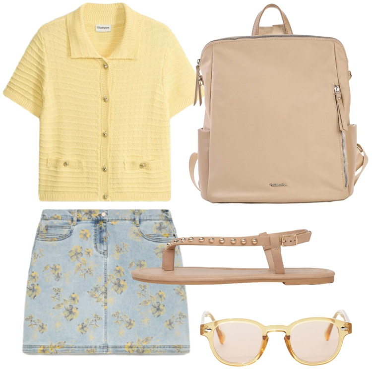 Outfit donna - Look estivo. Stile Basic per Tutti i giorni. Abbinamento con zaini, cardigans, ciabatte, occhiali da sole, minigonne.