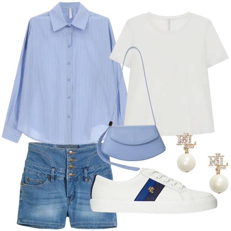 Outfit donna - Camicia fluida. Stile Casual per Tutti i giorni. Abbinamento con shorts, camicie, borse a spalla, t-shirt, sneakers, orecchini.