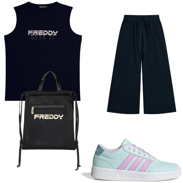 Outfit donna - Sporty Freddy. Stile Sporty chic per Sport. Abbinamento con zaini, canottiere, pantaloni, sneakers.