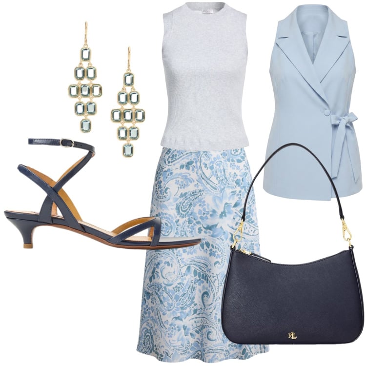 Outfit donna - Gonna fantasia. Stile Glamour per Ufficio. Abbinamento con top, gilet, borse a spalla, sandali col tacco, orecchini, gonne.