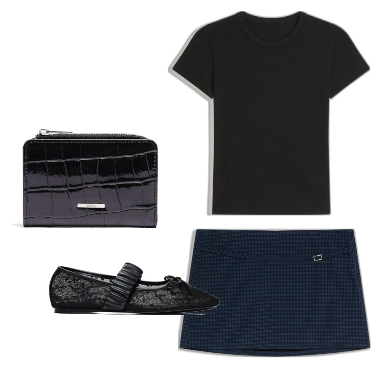 Outfit mujer - Urban look. Estilo Urban para Todos los días. Combinación con monederos, faldas, camiseta, bailarinas.