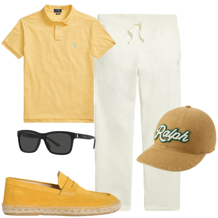 Outfit uomo - Energia solare. Stile Casual per Tutti i giorni. Abbinamento con espadrillas, polo, occhiali da sole, pantaloni, cappelli con visiera.