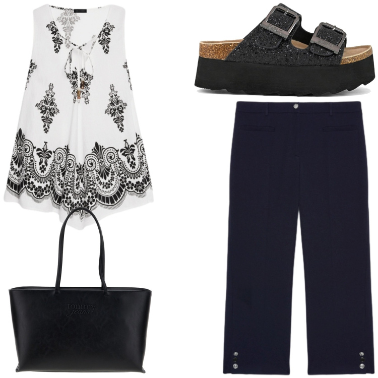 Outfit donna - Look fresco e senza tempo. Stile Chic per Tutti i giorni. Abbinamento con pantaloni, canottiere, sandali, borse a spalla.