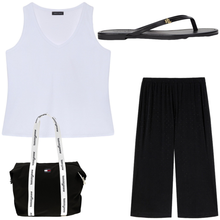 Outfit donna - Comodità prima di tutto. Stile Casual chic per Tutti i giorni. Abbinamento con pantaloni, canottiere, ciabatte, shopping bag.