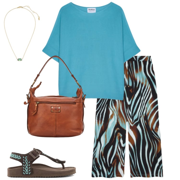 Outfit donna - Fiorella Rubino. Stile Casual chic per Ufficio. Abbinamento con t-shirt, pantaloni a palazzo, collane, infradito, borse a spalla.
