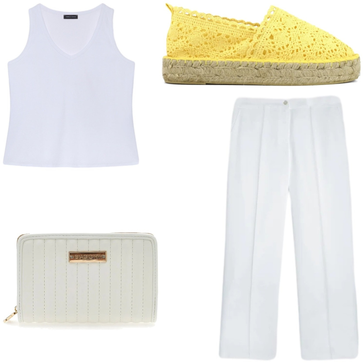 Outfit donna - Total White. Stile Casual chic per Tutti i giorni. Abbinamento con pantaloni, canottiere, espadrillas, portafogli.
