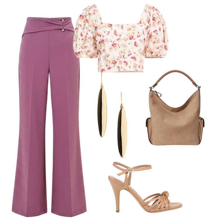Outfit donna - Aperitivo in centro. Stile Glamour per Serata fuori. Abbinamento con sandali in pelle, camicie a manica corta, pantaloni a palazzo, borse a spalla, orecchini.