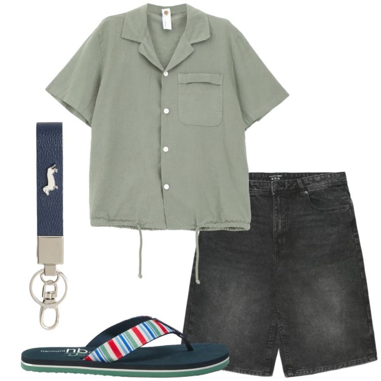 Outfit uomo - Total look #2431550. Stile Casual per Mare. Abbinamento con sandali, portachiavi, shorts, camicie a manica corta.