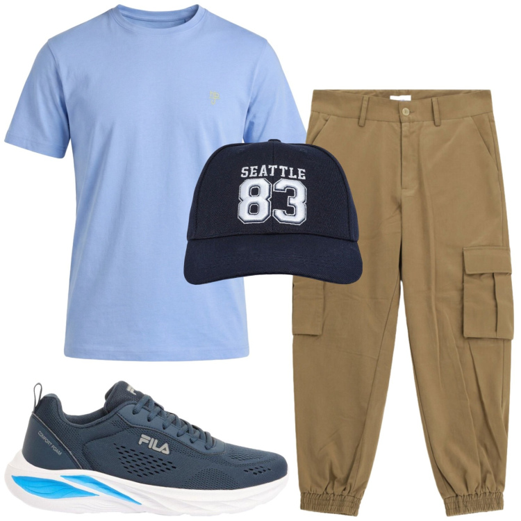 Outfit uomo - Total look #2431552. Stile Urban per Tutti i giorni. Abbinamento con sneakers, t-shirt, cappelli, pantaloni cargo.