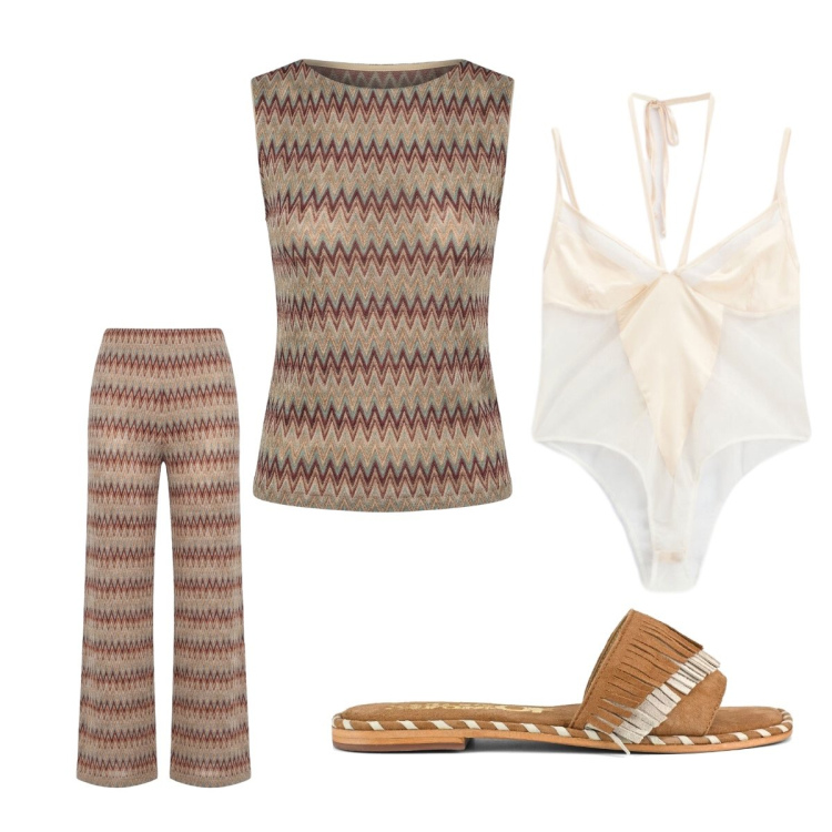 Outfit donna - Luglio Colors of California. Stile 70s per Tutti i giorni. Abbinamento con body, canottiere, pantaloni a palazzo, ciabatte.
