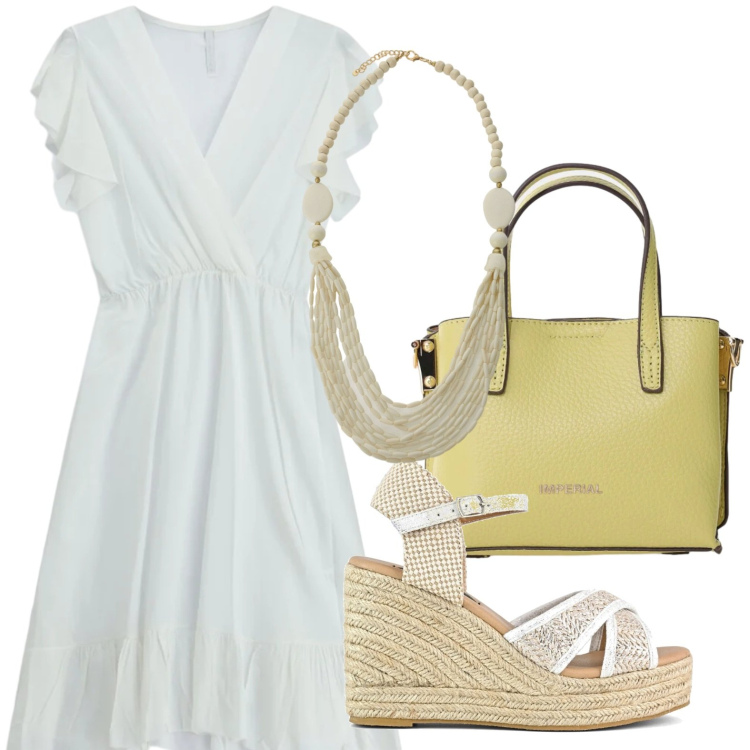 Outfit donna - Linee morbide. Stile Casual per Tutti i giorni. Abbinamento con vestiti corti, borse a tracolla, collane, zeppe.
