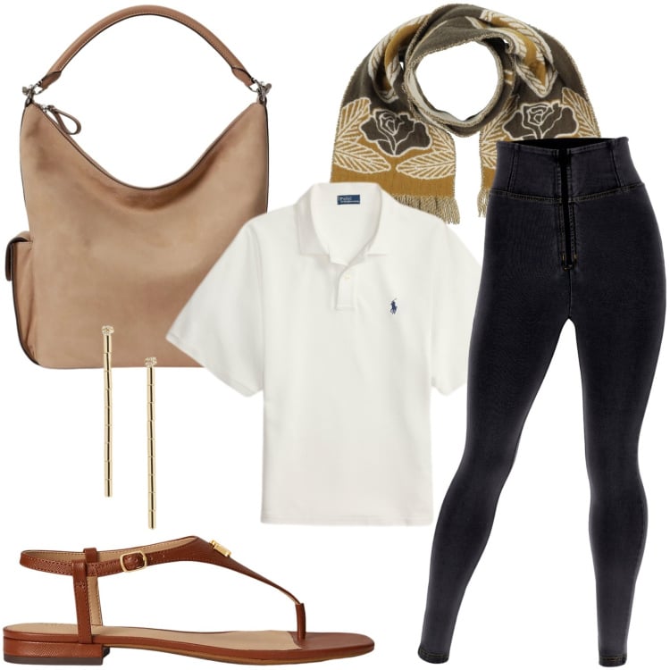Outfit donna - Linee aderenti. Stile Casual per Tutti i giorni. Abbinamento con sciarpe, jeggings, sandali in pelle, orecchini, borse a spalla, polo.