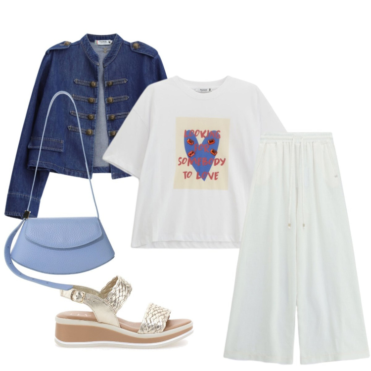 Outfit donna - Eleganza rilassata e stile contemporaneo. Stile Boho per Tutti i giorni. Abbinamento con borse a spalla, blazer, t-shirt, pantaloni a palazzo, sandali.