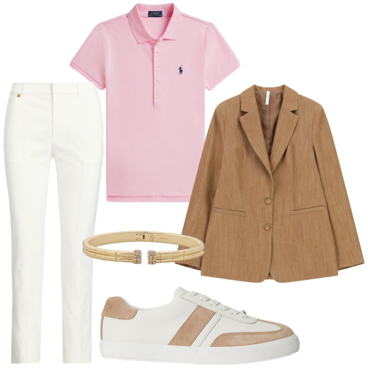 Outfit donna - Fascino intramontabile. Stile Bon Ton per Tutti i giorni. Abbinamento con blazer, pantaloni, braccialetti, sneakers, polo.