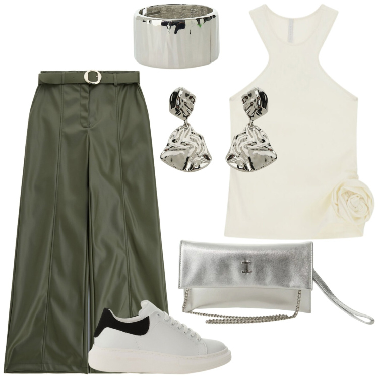 Outfit donna - Total look #2431569. Abbinamento con orecchini, pantaloni, borse a tracolla, sneakers, top, braccialetti.