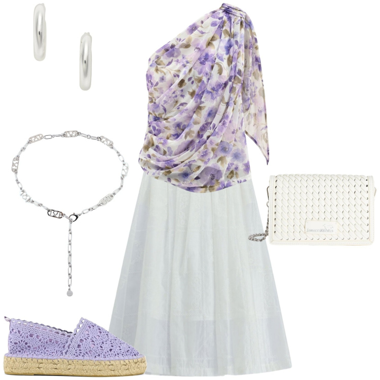 Outfit donna - Romantica in città. Stile Romantica per Tutti i giorni. Abbinamento con borse a tracolla, orecchini, cinture, top, gonne lunghe, espadrillas.